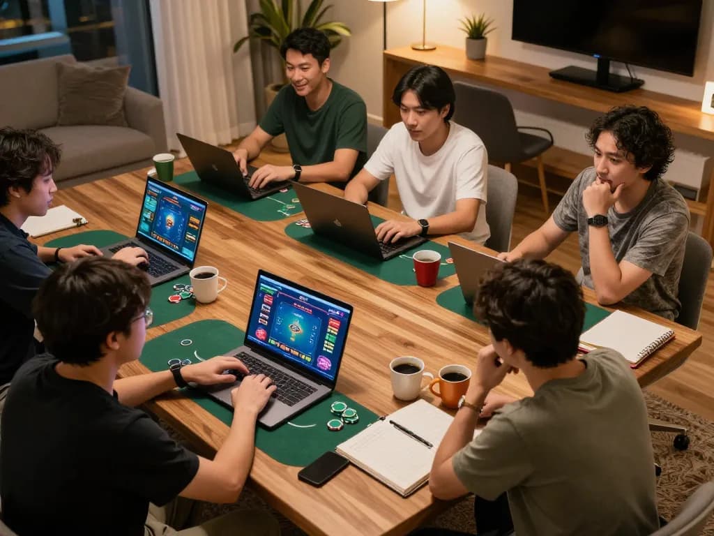 Players immersed in engaging da88 online poker experience on laptops with vibrant game visuals.