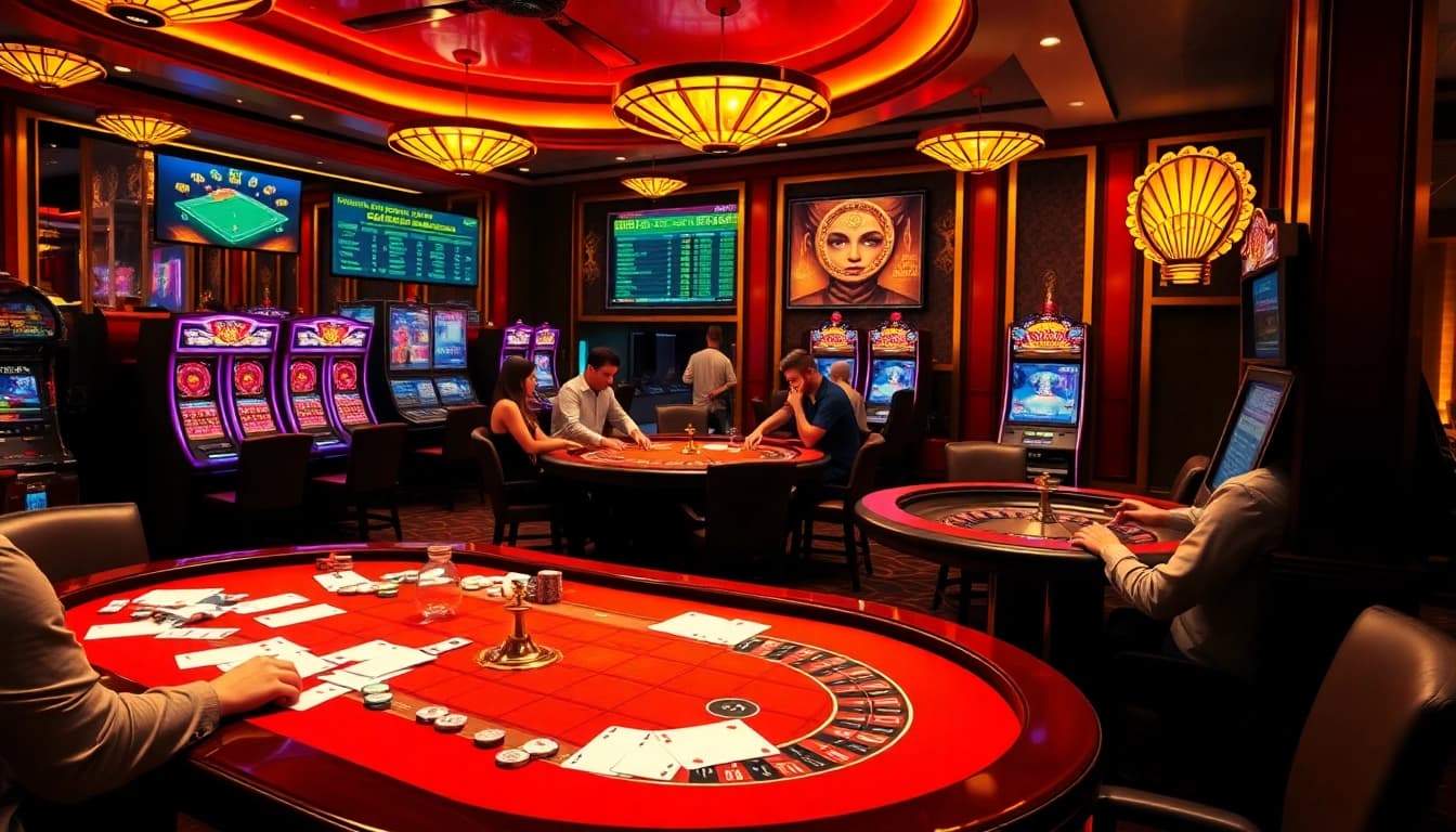 Engaged players at https://bong88s.com/ enjoying a vibrant casino atmosphere with rich tables and lively slot machines.