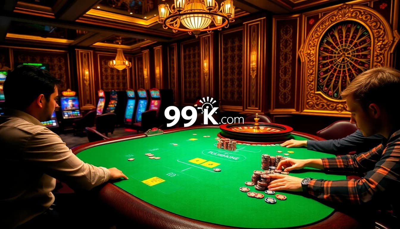 Experience high-stakes action at 99OK com with luxurious casino tables and vibrant betting elements.