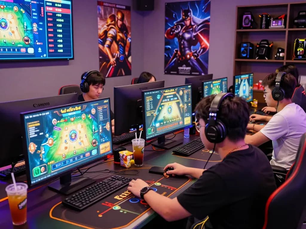 Tài xỉu Go88 game session with players excitedly engaged at modern gaming desks in a vibrant atmosphere.