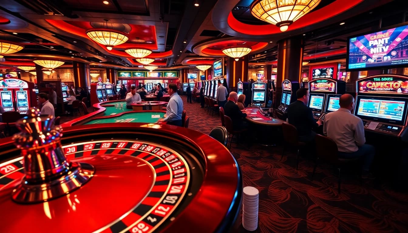 Players enjoying high-stakes games at the S8 casino, featuring roulette and poker tables.
