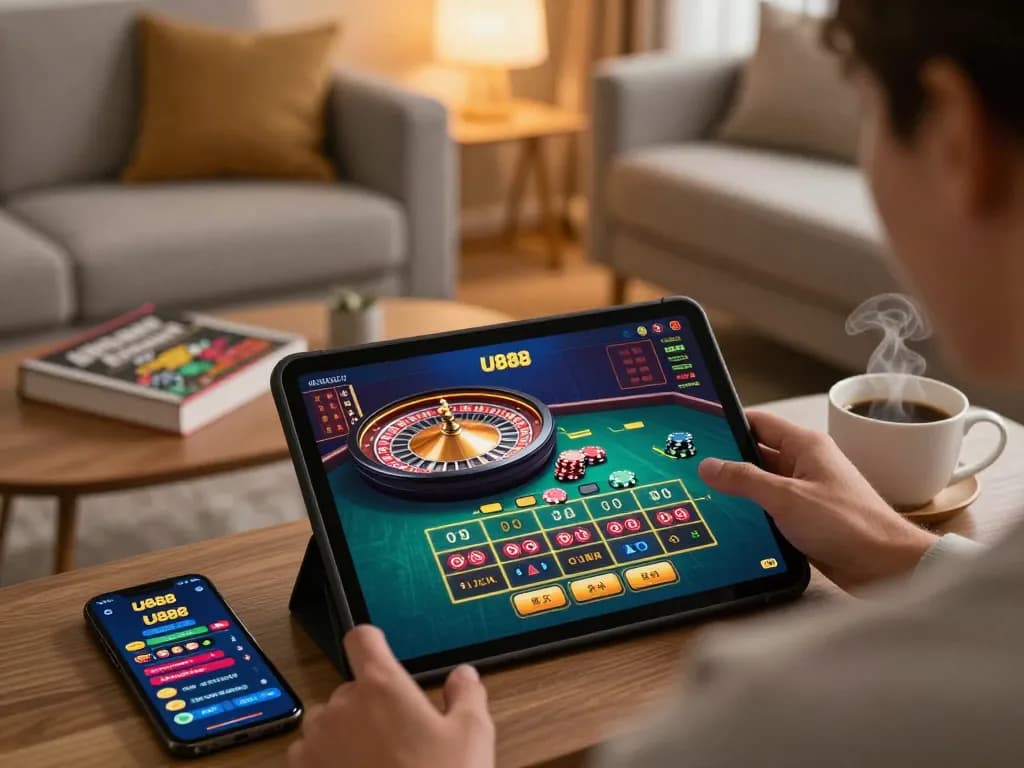 Engaging in live casino gameplay on U888 tablet, featuring roulette wheel and gaming strategy notes.