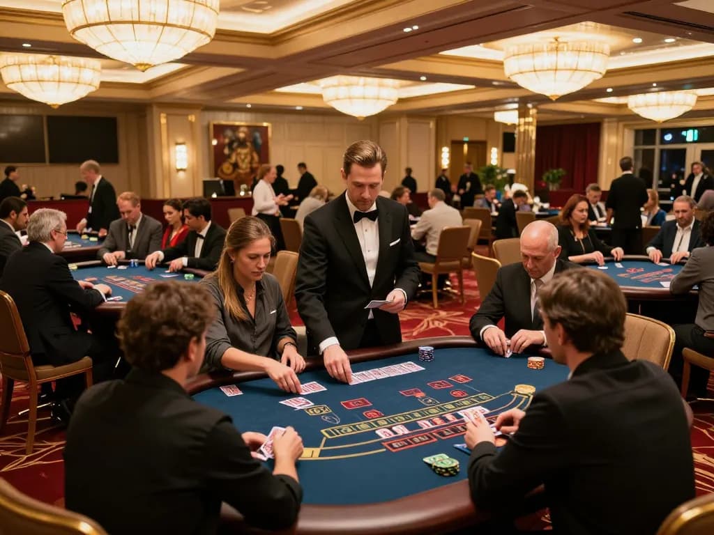 Players strategizing at a blackjack table in xx88 casino, showcasing excitement and professionalism.