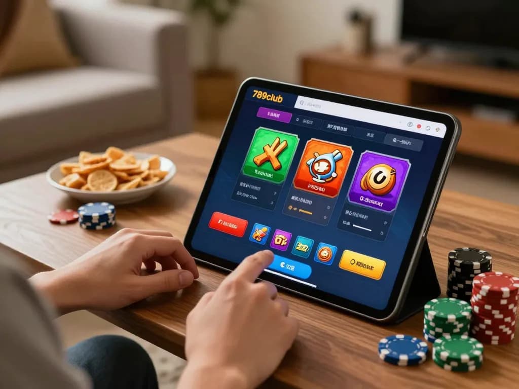 Player engaging with the 789club app on a tablet in a cozy home setting while enjoying a gaming session