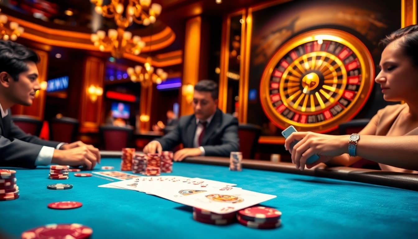 98Win players strategizing at a luxurious poker table in an exciting casino atmosphere.
