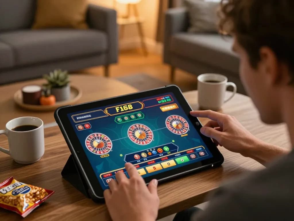 Engaging online roulette gameplay experience with f168 on a player's tablet in a cozy living room.