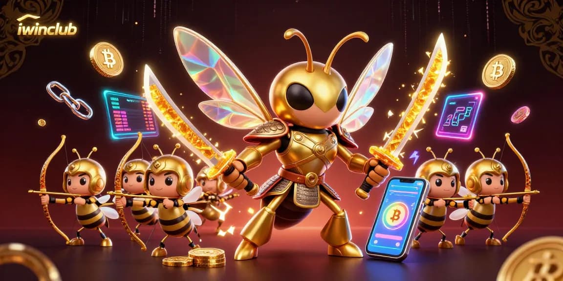 Play exciting games at iwinclub with a vibrant 3D casino scene featuring unique characters and crypto elements.