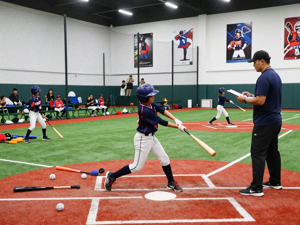 Hitclub baseball training scene with young athletes in practice, showcasing teamwork and dedication.