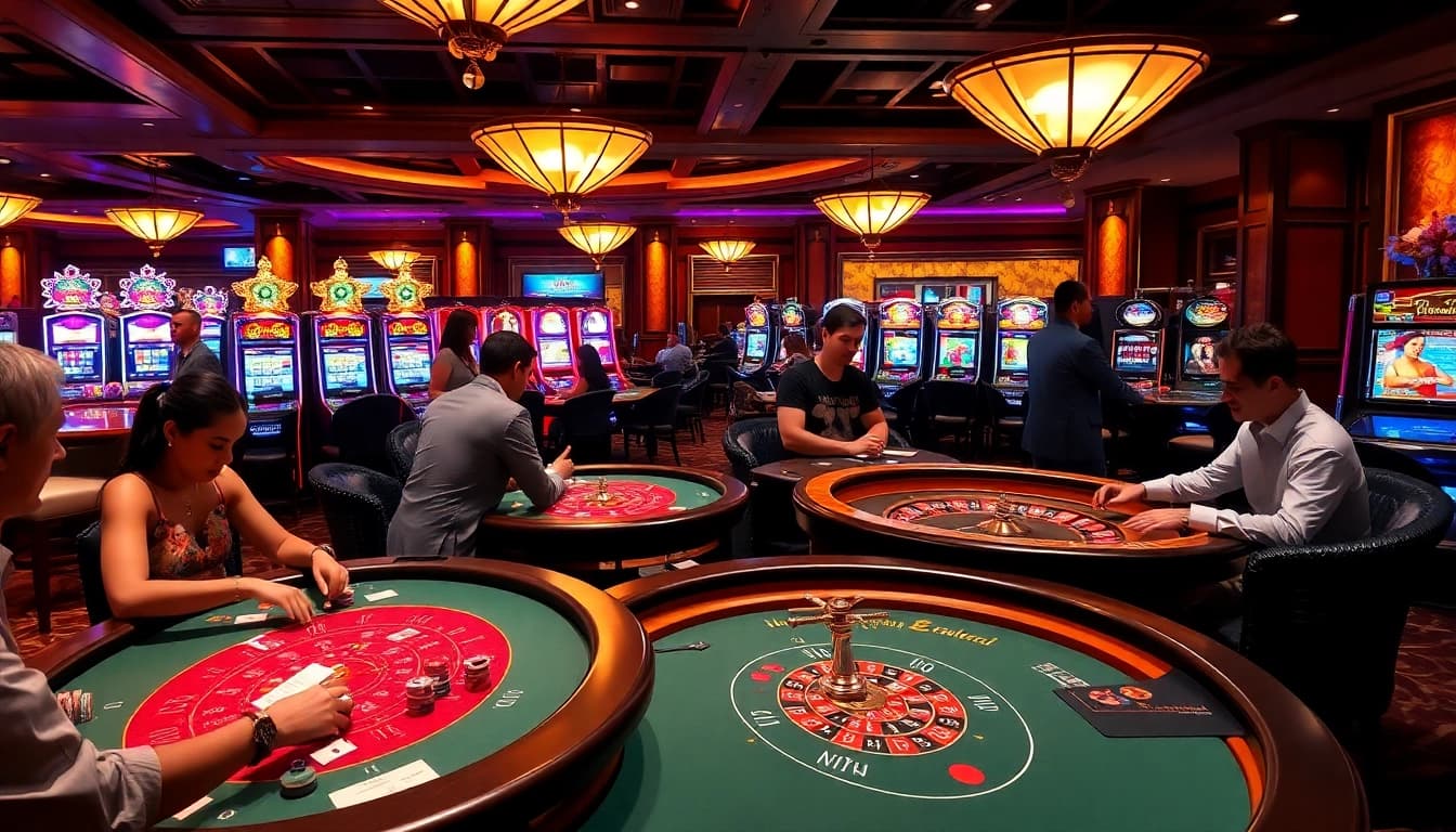 Nohu-themed casino players enjoying poker and roulette in an upscale casino setting.