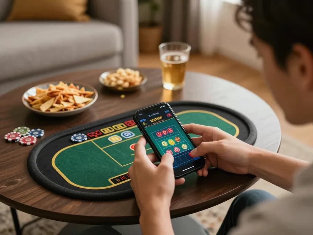Engaging scene of qq 88 online gaming on smartphone at home, showcasing live dealer interface and relaxed atmosphere.