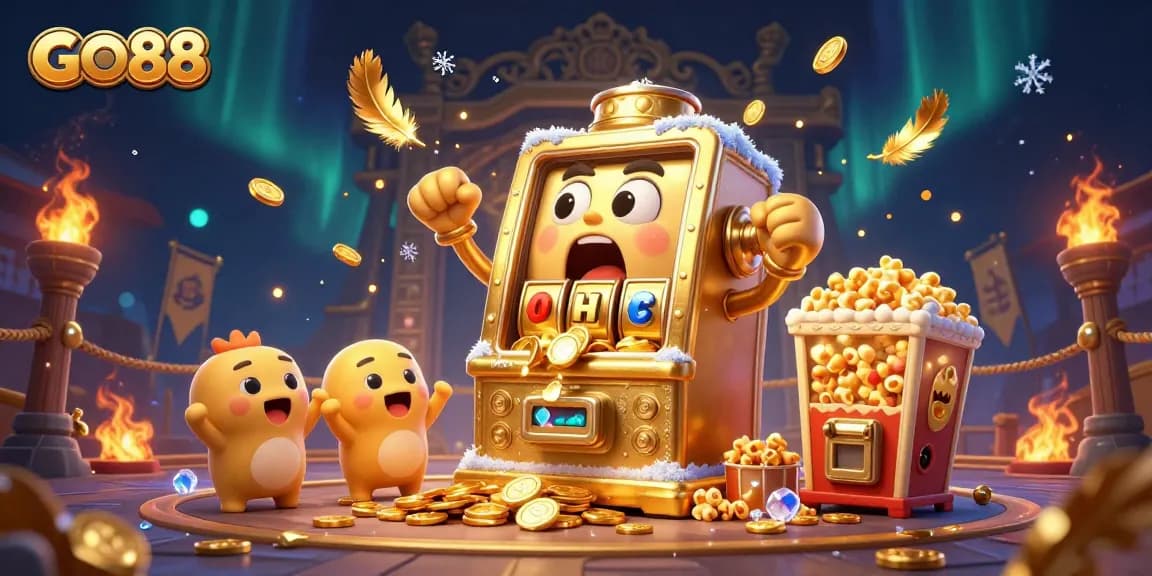 GO88 slots jackpot celebration with golden machines, cheerful characters, and dynamic casino elements