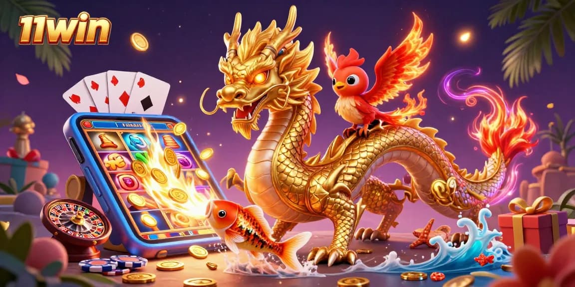 11WIN showcases a vibrant casino fantasy scene with a golden dragon and fiery phoenix amid games and coins.