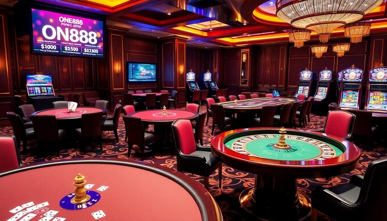 Experience the thrilling action at ONE88 casino with vibrant poker tables and dazzling slot machines.