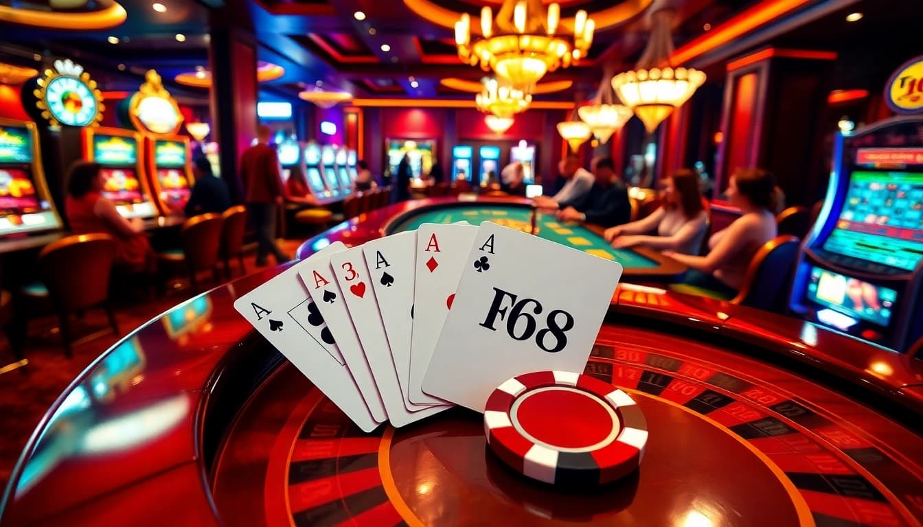 Experience the excitement of gambling at F168 with vibrant casino scenes featuring players at tables.