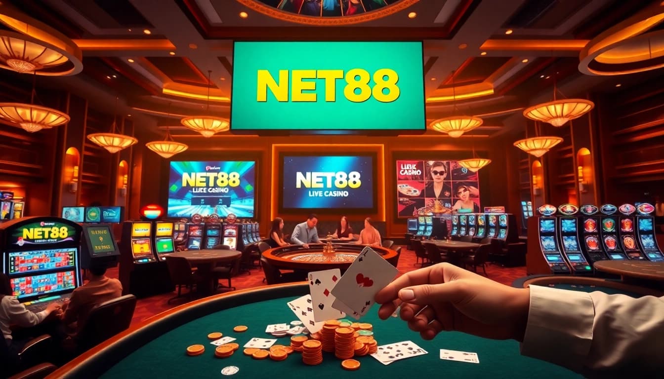 NET88 players engaging at a live casino game with vibrant chip dynamics and excitement.