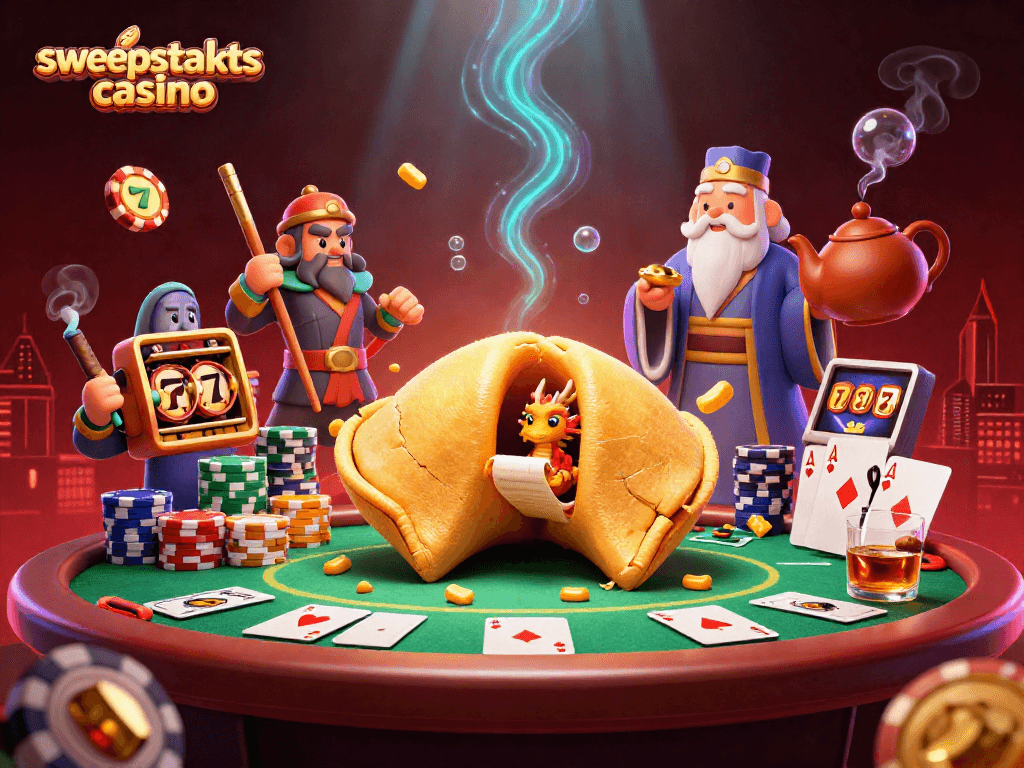 Play in a vibrant sweepstakes casino scene with a golden fortune cookie and dynamic gaming elements.