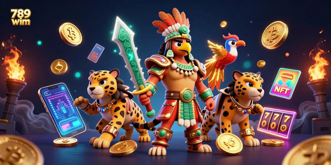 Spin to win with 789 wim as Aztec characters celebrate big jackpots with vibrant gaming elements.