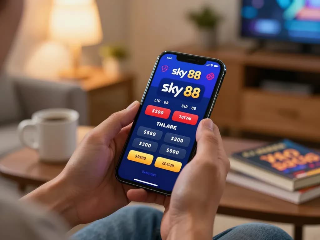 Engaged gambler placing a bet on the sky 88 game via smartphone in a cozy home setting.