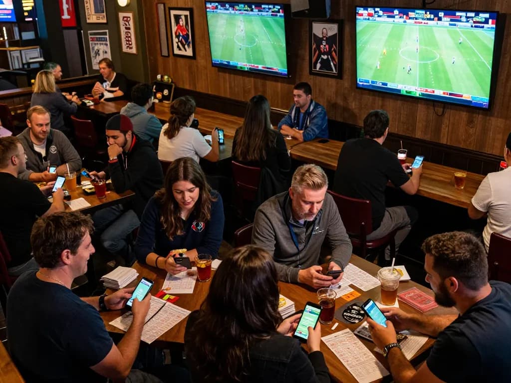 Engaged patrons placing bets on kkeonhacai while watching live sports in a vibrant bar atmosphere