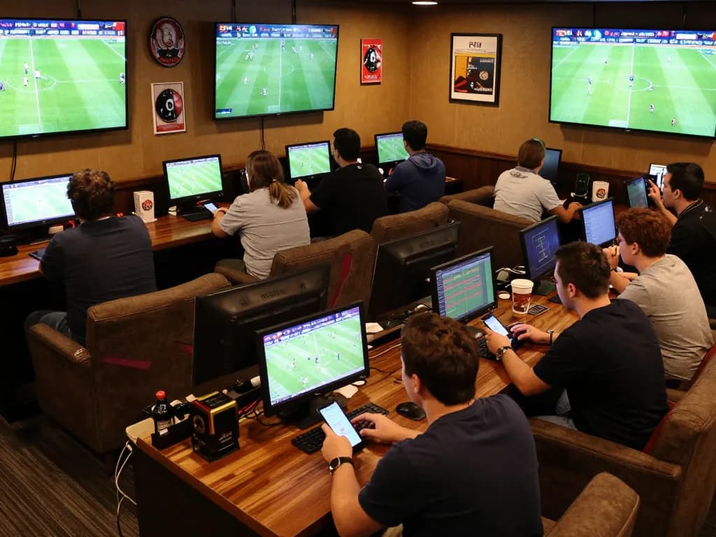 Kèo Nhà Cái patrons placing bets in a lively sports betting lounge, excitement visible