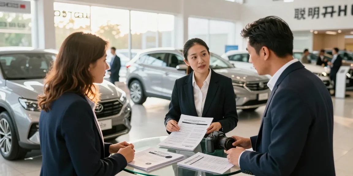 The best car history check UK showcased in an engaging automotive dealership scene with buyer and representative discussing vehicle history.