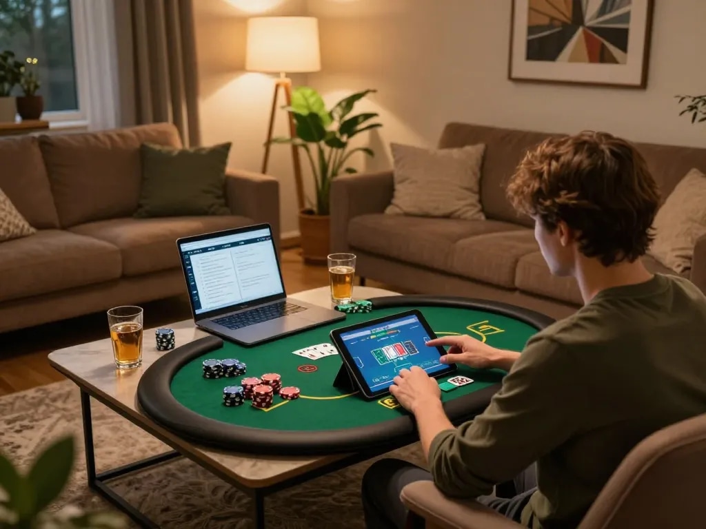 Engaged player enjoying online poker at home on 789CLUB app, showcasing strategic gameplay.