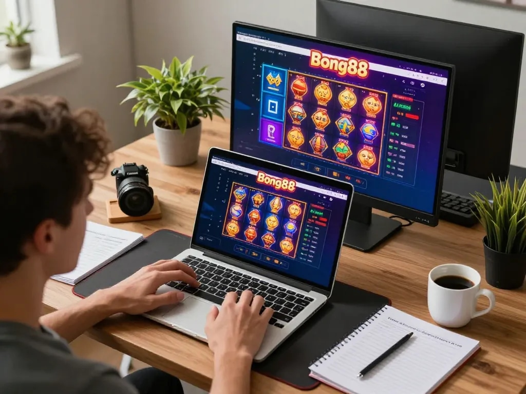 Bong88 online gaming setup showing a player engaged in slot games and live dealer action.