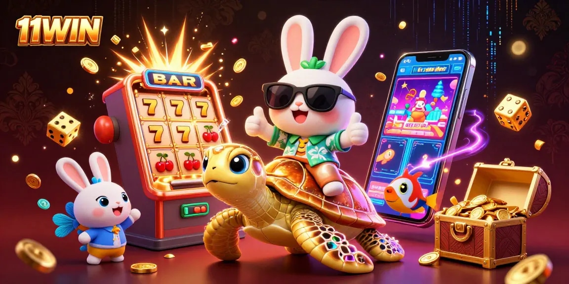 11WIN jackpot explosion with a lucky rabbit and golden sea turtle in an engaging casino scene.