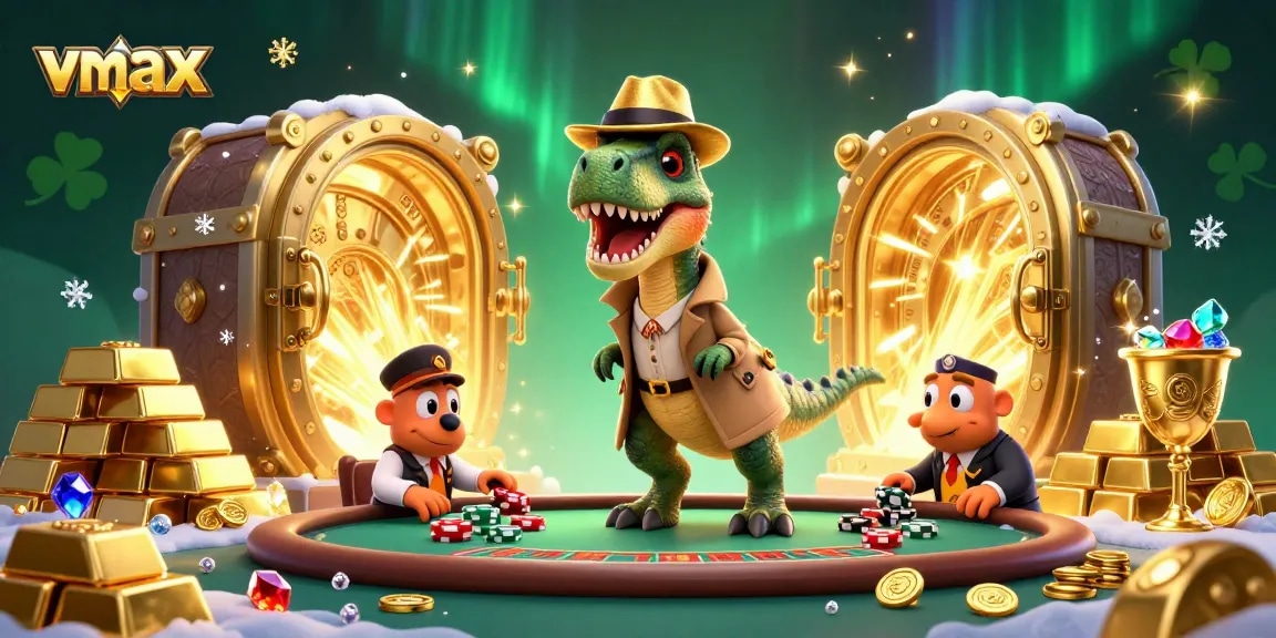 Experience vibrant casino action with vmax, featuring a velociraptor card counter and thrilling chips.