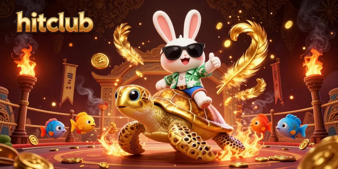 Play thrilling games at hitclub with the lucky rabbit and golden turtle in a vibrant casino scene.