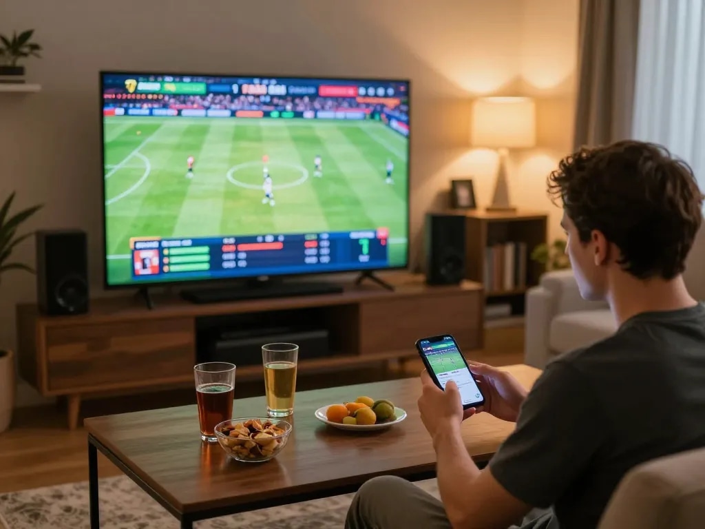 Engaging FABET sports betting setup, person focused on smartphone amidst live sports.