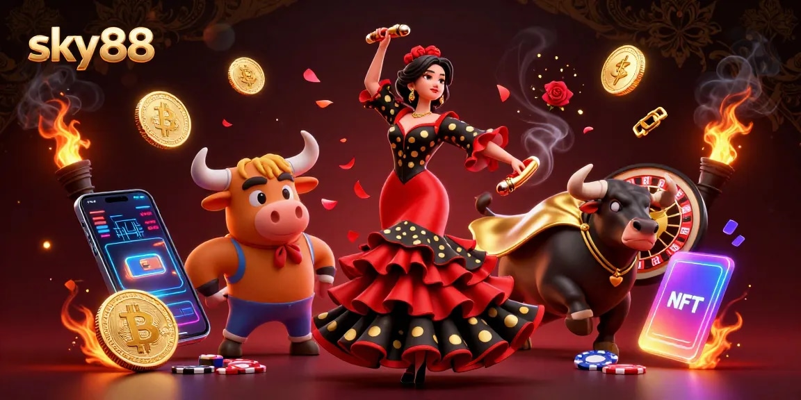 Engage with the vibrant sky88 scene showcasing a flamenco dancer and a golden bull, embracing the thrill of gambling.