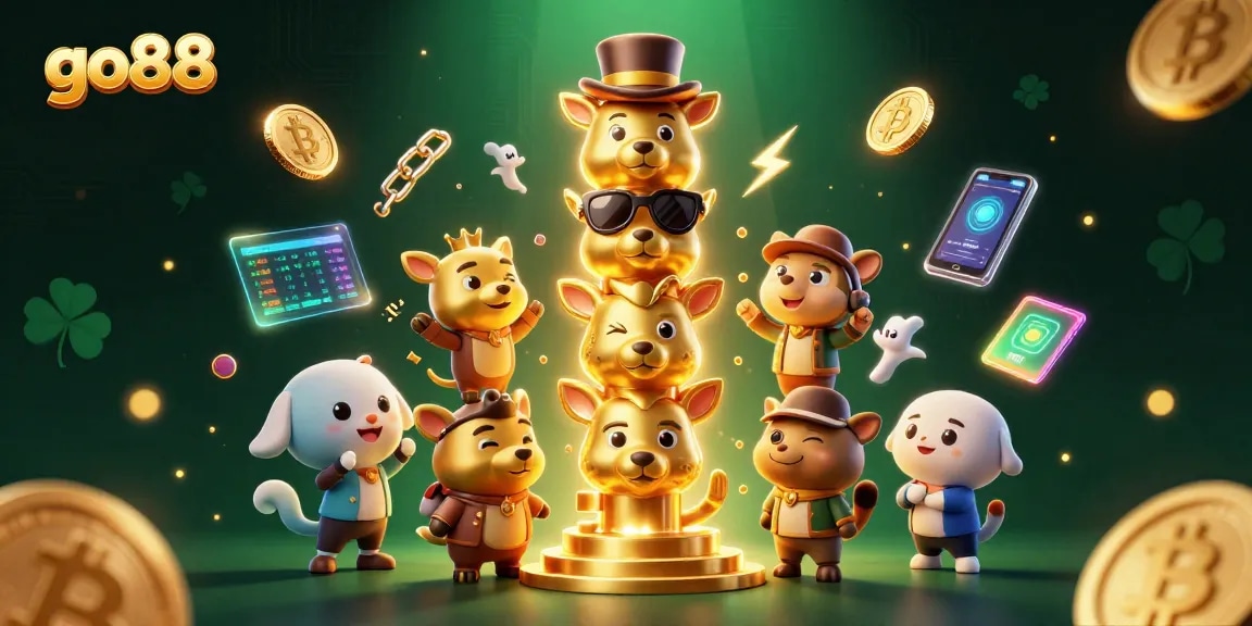 Experience exciting gaming with go88's vibrant totem pole surrounded by dynamic crypto elements and casino themes.