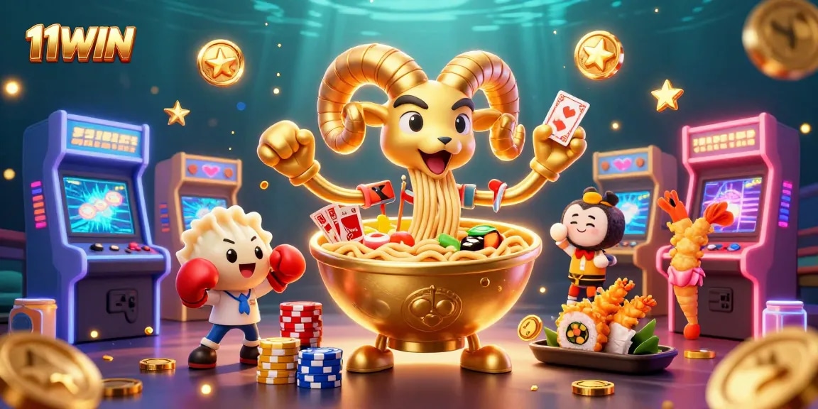 Experience the excitement of 11WIN with a vibrant 3D casino scene filled with gaming elements.