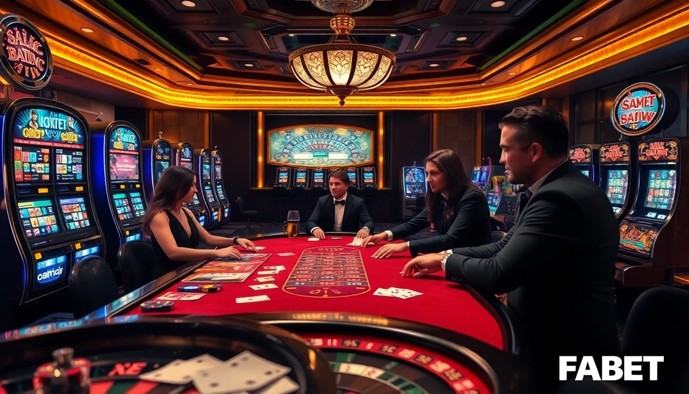 Enjoy thrilling gameplay at fabet, featuring vibrant casino elements like poker chips and roulette wheels.