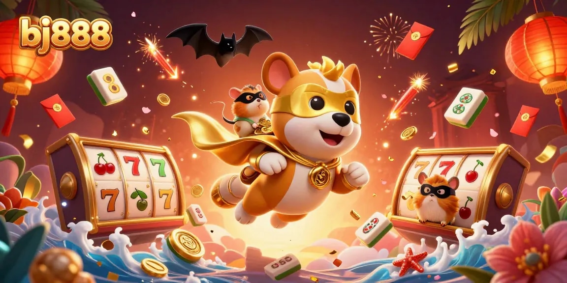 Experience exciting gaming moments with bj888 and vibrant slot action in this dynamic casino illustration.