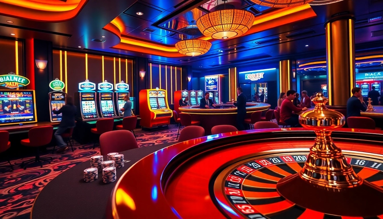 KJC poker players strategizing at a luxurious casino table with vibrant atmosphere.