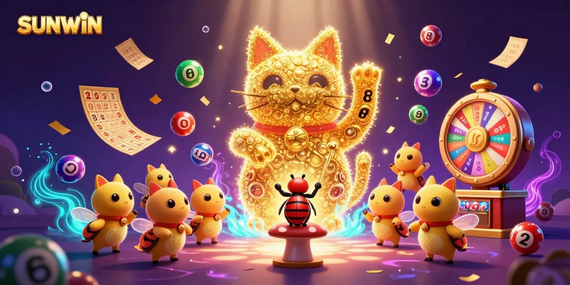 SUNWIN showcases an enchanting casino adventure with a dynamic lucky cat and vibrant gaming elements.