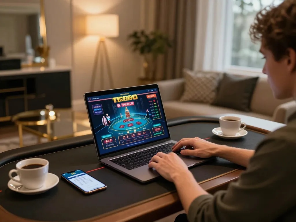 Engaging online gambling experience at https://tr88bet.com/ with live casino gaming on laptop amidst warm ambient lighting.