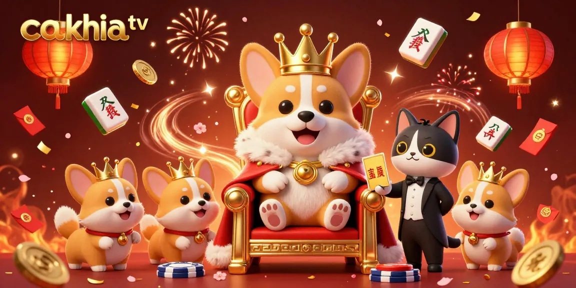 Cakhia TV showcases thrilling live sports betting with a royal corgi surrounded by gambling elements in a vibrant atmosphere.