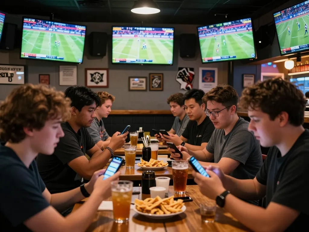 Excited patrons using TOPBET app at a sports bar during a live betting event.
