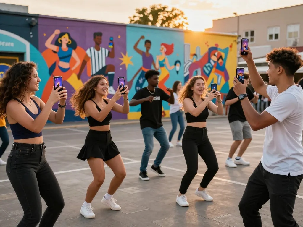Friends using kling ai dance app to create dynamic dance animations outdoors.
