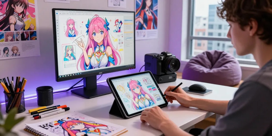 Creating ai ecchi character art in a vibrant studio with sketches and digital tools.