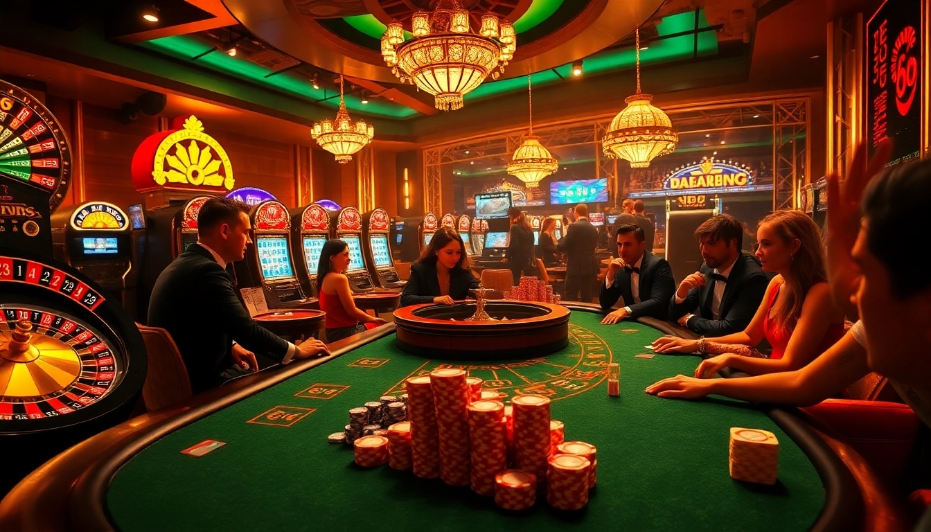 Players at https://debet66.com/ engage in high-stakes poker with vibrant chips and a roulette wheel.