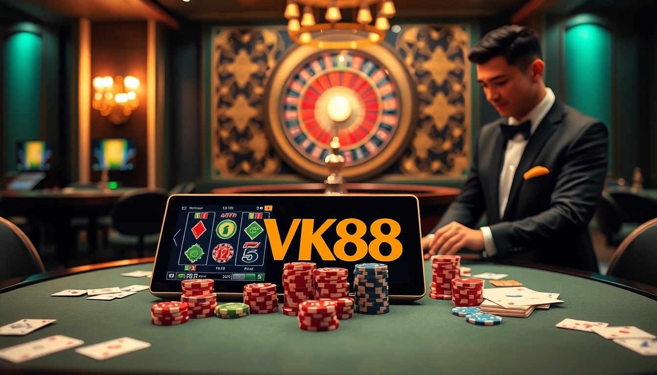 Engaging scene of VK88 online gaming with vibrant slot machines and poker chips, showcasing excitement.