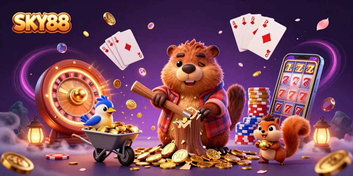 Experience exciting casino action with SKY88 featuring a beaver in a vibrant scene filled with coins and games.
