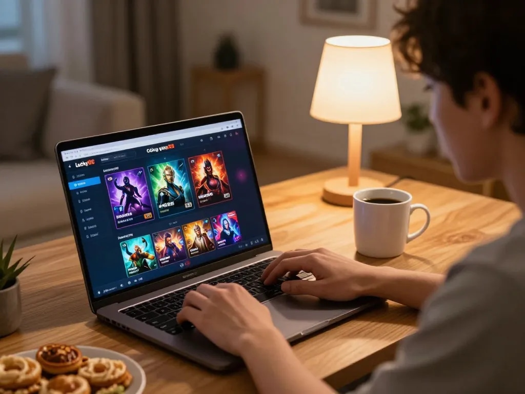 Cổng game Lucky88 displayed on a laptop during a cozy online gaming session at home