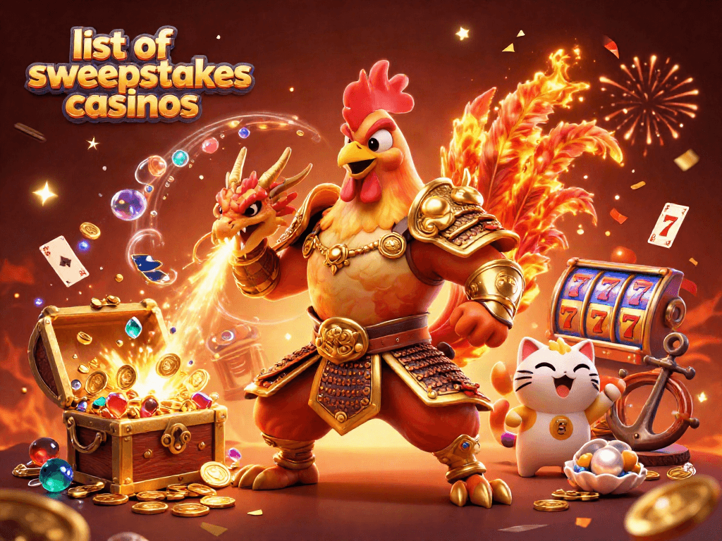 Engage with the list of sweepstakes casinos highlighted in a vibrant 3D illustration featuring animated characters and gambling elements.
