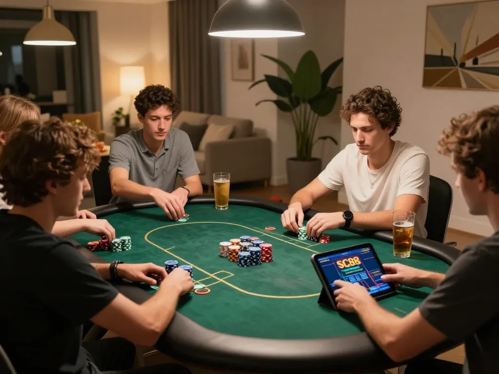 Players enjoying poker at home while using https://sc88.social/ for online gaming, showcasing excitement and strategy.