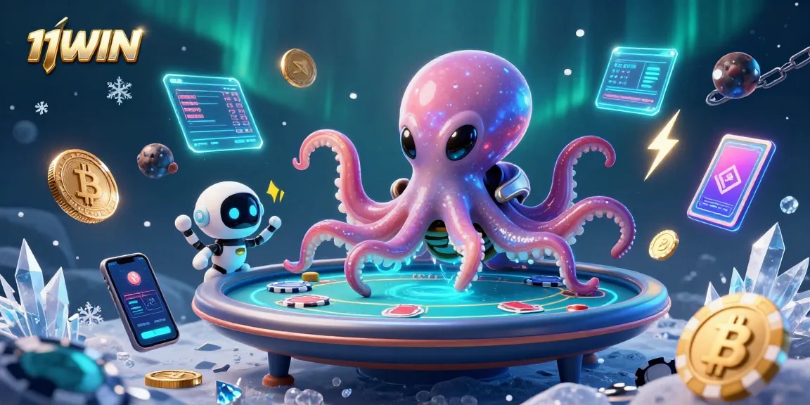 Experience thrilling gameplay at 11WIN with a dynamic scene featuring an alien octopus and crypto elements.